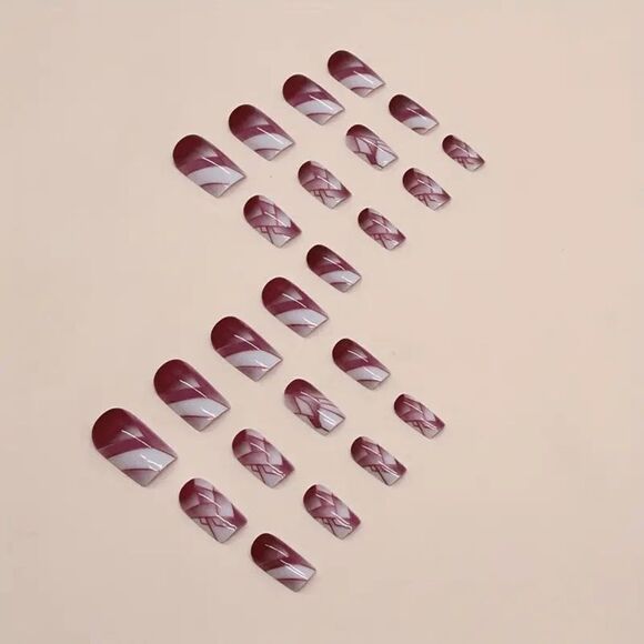 False Nails 24 Piece Burgundy wine white medium length square tip press on nails - Picture 7 of 8